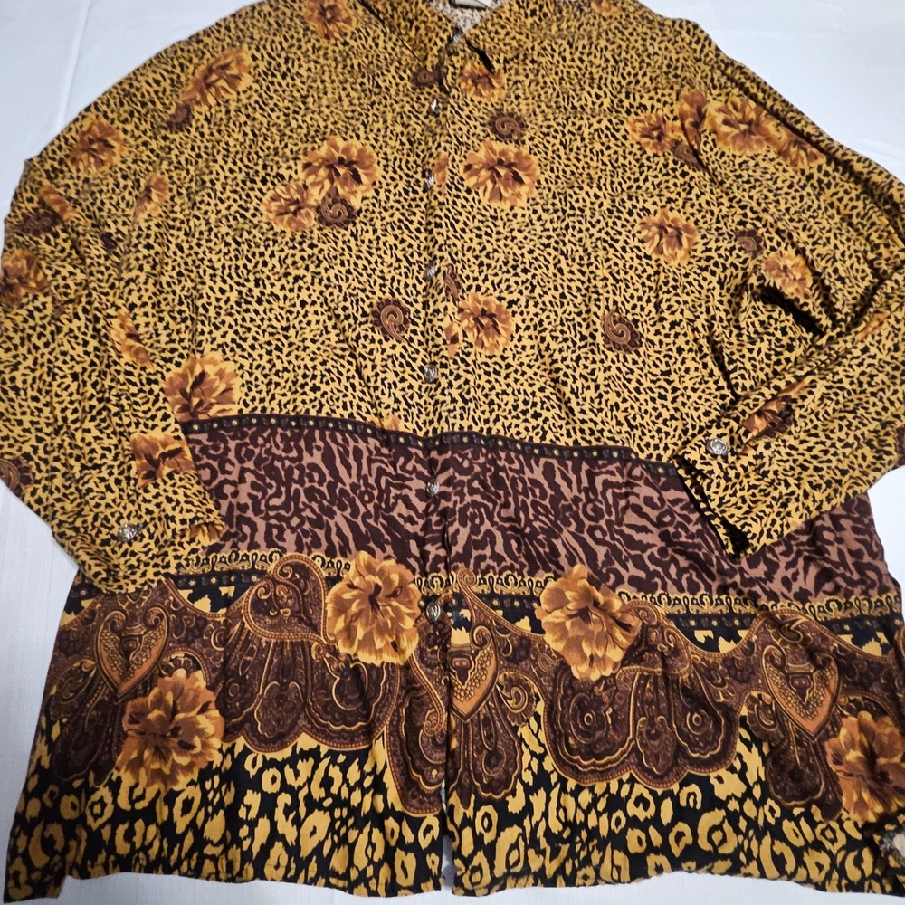 Plus Preferred Floral Leopard Print Button Down Blouse Womens 22W Rayon